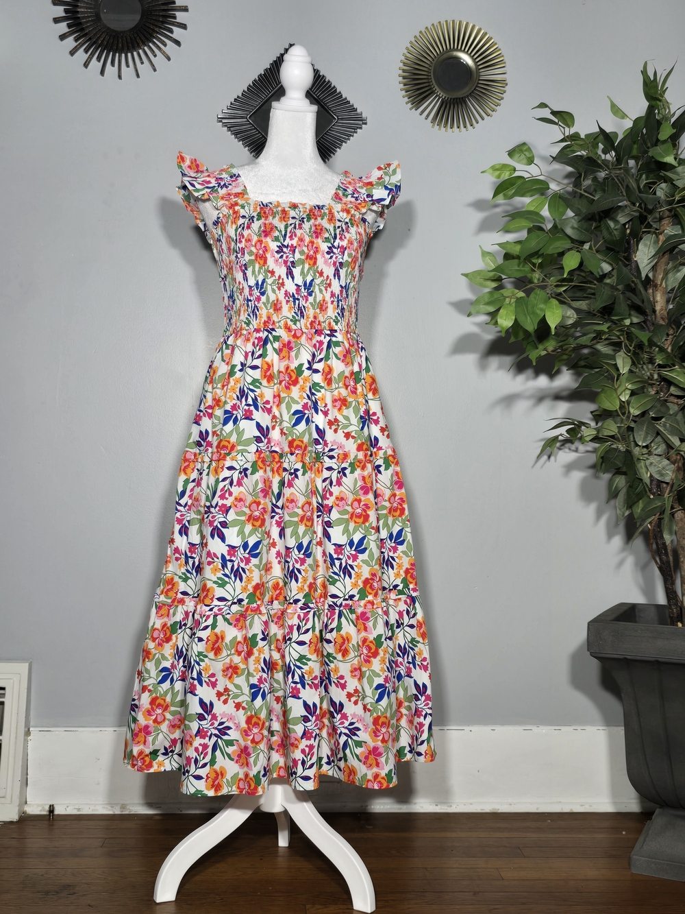 Smocked Floral Maxi Dress - White Multicolor